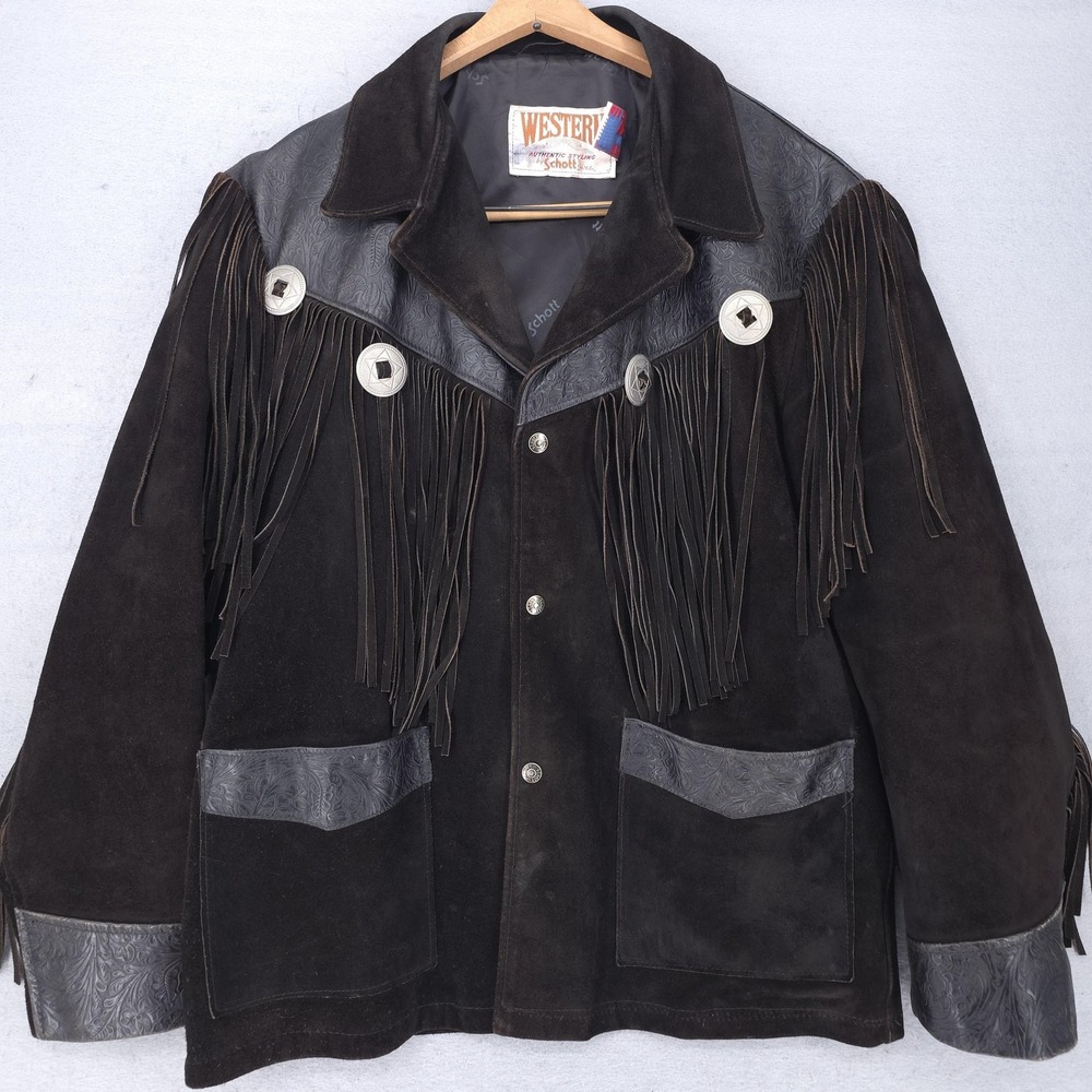 Vintage Schott Western Jacket Mens 42 Brown Suede Fringe Concho USA Cowboy